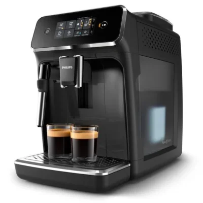 Machine à café automatique avec buse vapeur "Cappuccino" Pression : 15 bar Capacité du réservoir d'eau : 1.8 litres Capacité du réservoir de grains : 275 g Compatible : Café moulu, grains de café Poids : 7.5 kg Couleur : Noir brillant