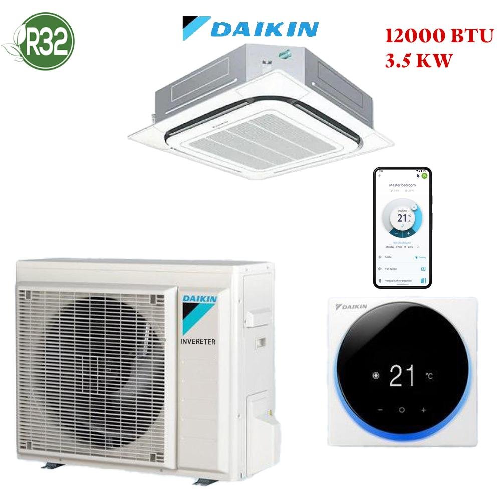 Climatiseur Cassette Daikin 12000 BTU Inverter R32, 3.5 kW, idéal pour 25 m², écologique, économique, garanti 5 ans. Disponible au Maroc.