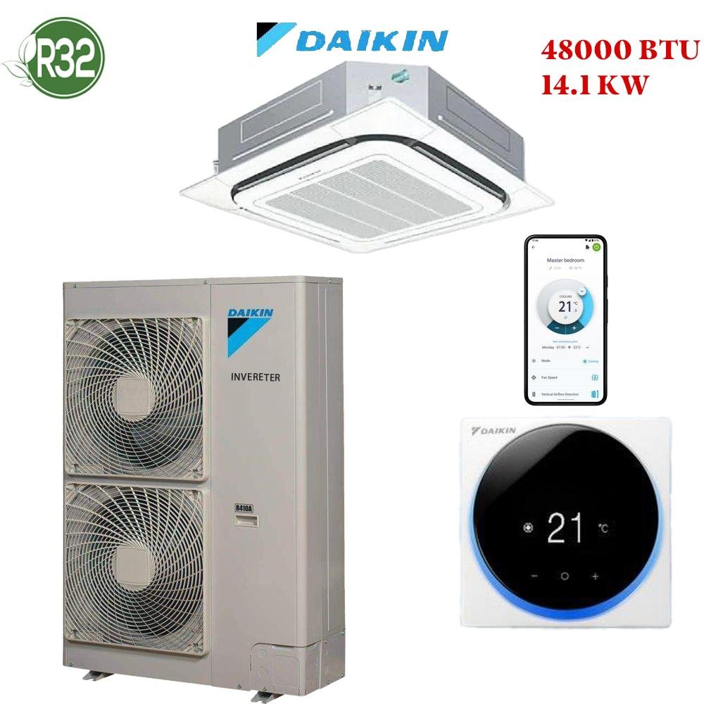 Climatiseur Cassette Daikin 48000 BTU Inverter R32, puissance 14 kW, idéal pour 130 m², écologique et performant, garanti 5 ans, disponible au Maroc