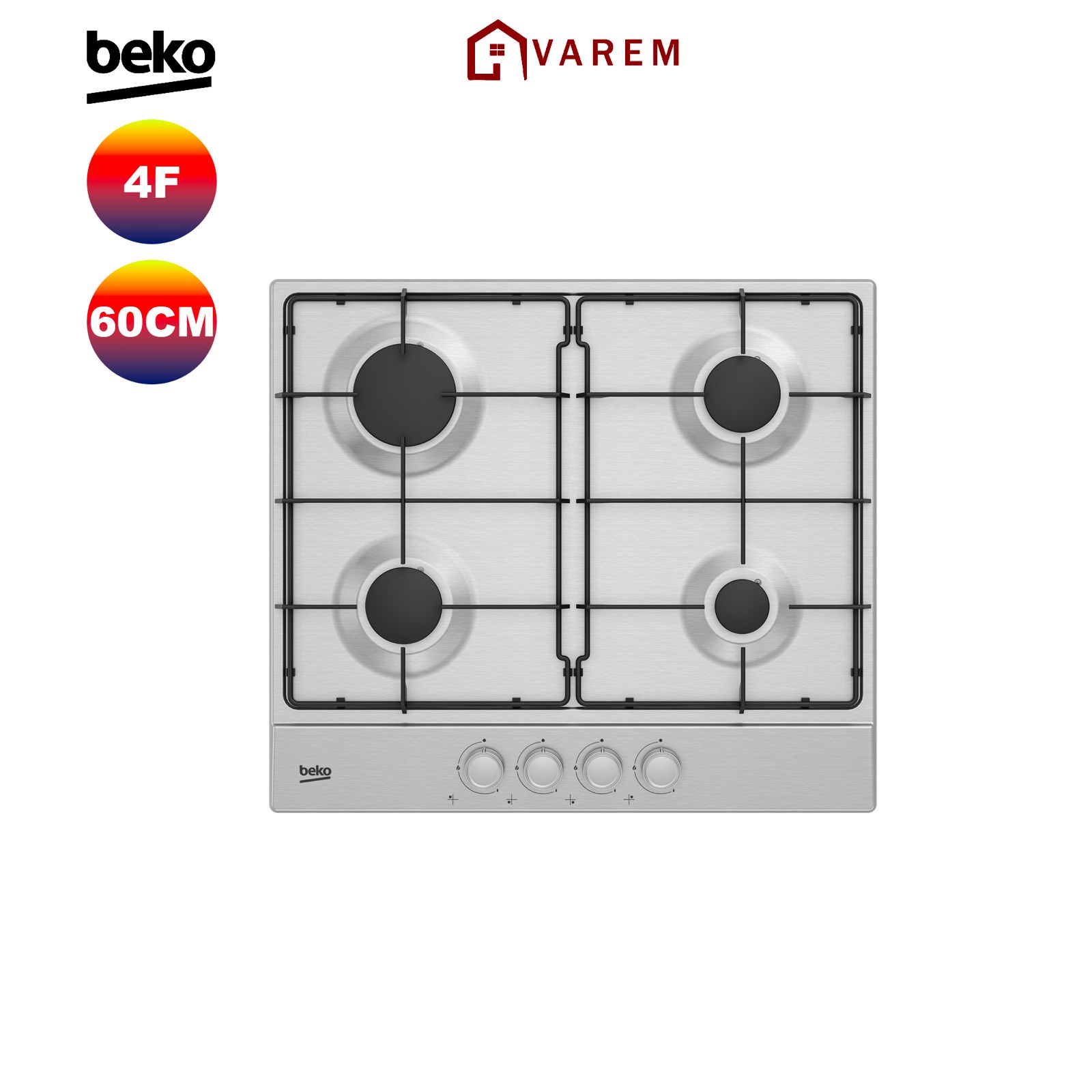 Plaque de cuisson BEKO 4 feux inox 60 cm avec sécurité thermocouple et design moderne.