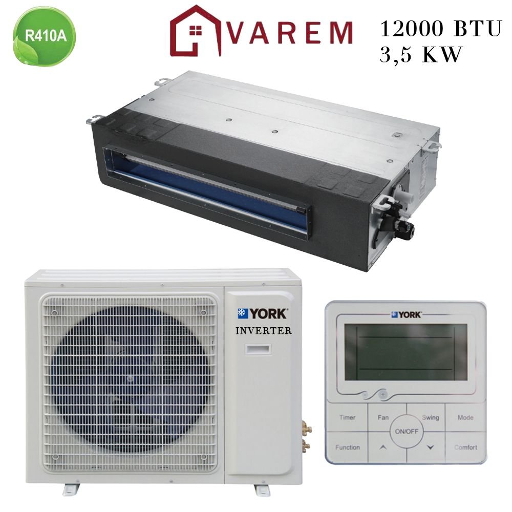 Climatiseur York Gainable 12000 BTU Inverter 3.5 kW, silencieux et performant, idéal pour une climatisation discrète et efficace.