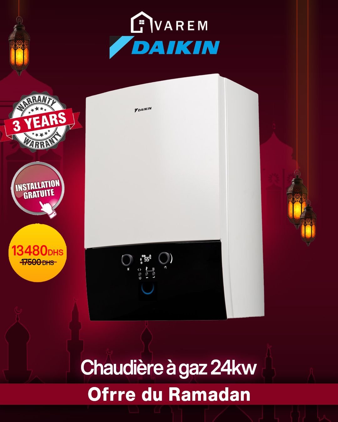 Chaudière gaz à condensation Daikin 24 kW D2CND024A1AB pour chauffage central et eau chaude sanitaire au Maroc